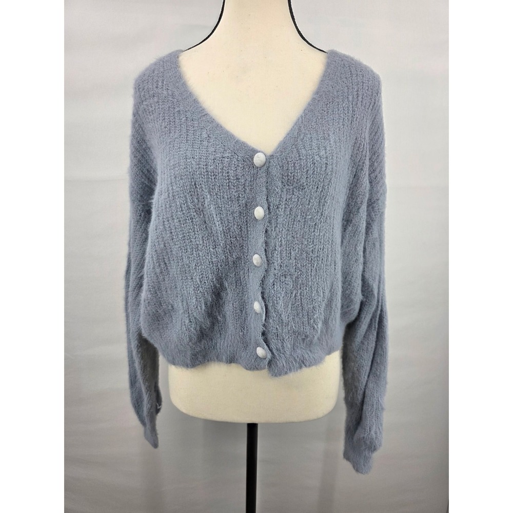 Nasty Gal Collection Blue Fuzzy Cropped Cardigan Sweater Size M V-Neck Button Up